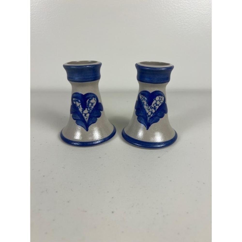 BBP Beaumont Brothers Pottery 1992 Salt Glaze Blue Heart Taper Candle Holder Set